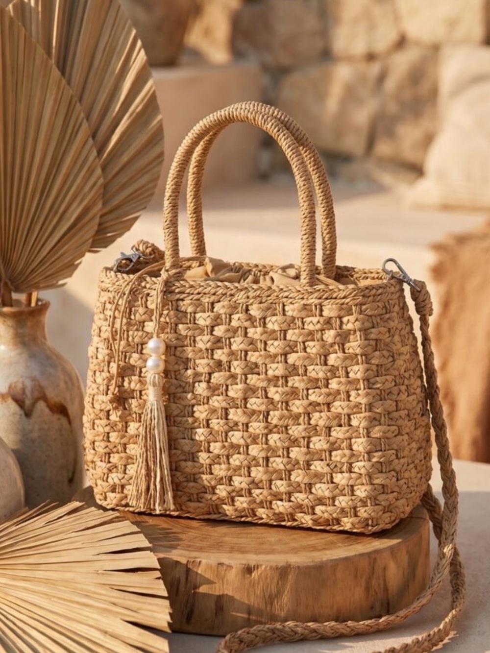 Handwoven Straw Tote Bag with Tassel - Natural Beige GBZ modern Bohemian